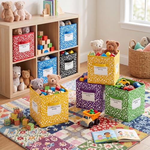 Crtiin 6 Pcs 11in Composition Book Classroom Fabric Storage Bins Cube Classroom Cubby Baskets with Handles Collapsible Bins for School Daycare Elementary Preschool Home Office (Composition Book) - style: Composition Book