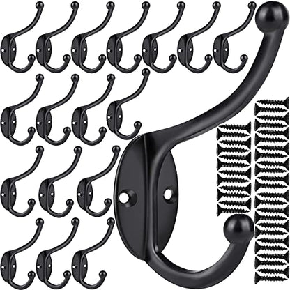 ZEYU 20Pcs Wall Hooks, Coat Hooks Hardware Heavy Duty Hooks for Hanging Coats Double No Rust Black Hook Wall Mounted with Screws for Key, Towel, Bags, Cup, Hat - color: 20Pcs Black