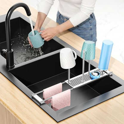 Expandable Over Sink Water Bottle Drying Rack with Dish Cloth Holder, Metal Kitchen Cup Drying Rack, Space-Saving Sink Drainer for Baby Bottles, Bottles, Dish Rags, Gloves & Reusable Bags (Silver)