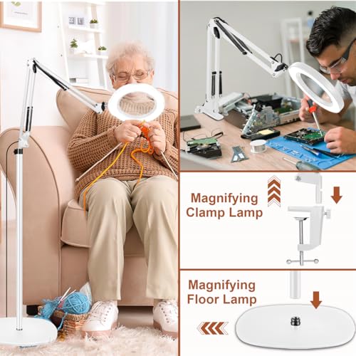 LANCOSC 15X Magnifying Glass with Light and Stand, 3-in-1 Adjustable Swing Floor Lamp, 5 Color Modes Stepless Dimmable, LED Lighted Hands Free Magnifier & Clamp for Reading, Crafts, Painting - White - color: White