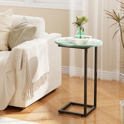 C Shaped End Side Table, Small Oval Couch Sofa Table for Bed, Snack Side Table with Metal Frame, TV Tray Table with White Marble for Small Space, Living Room, Bedroom, Bedside(Sea Blue) - color: Sea Blue+black