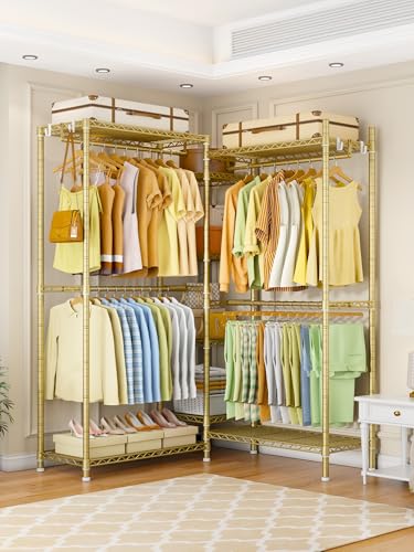 E4 Clothes Rack, Heavy-Duty Garment Rack Can Be L-Shaped Closet, Gold | Metal Freestanding Clothing Organization Storage System with Shelves and Hangers, Load 962lbs, 70.8"W x 14.5"D x 79.3"H - color: Gold
