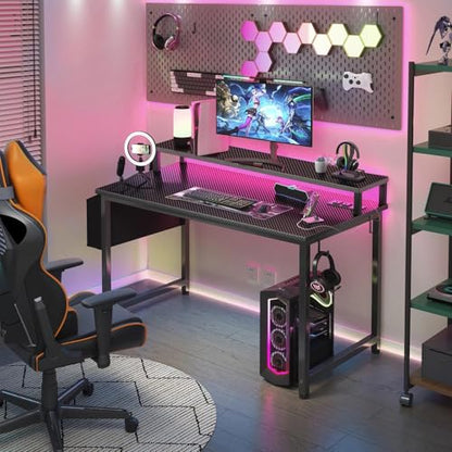 Lufeiya Gaming Desk with Power Outlets and LED Lights, 40 Inch Gamer Desk Table with Charging Station, Home Office Computer Desks with Monitor, Black - color: Carbon Fiber Black, size: 39.4"