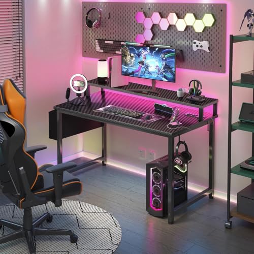 Lufeiya Gaming Desk with Power Outlets and LED Lights, 40 Inch Gamer Desk Table with Charging Station, Home Office Computer Desks with Monitor, Black - color: Carbon Fiber Black, size: 39.4"