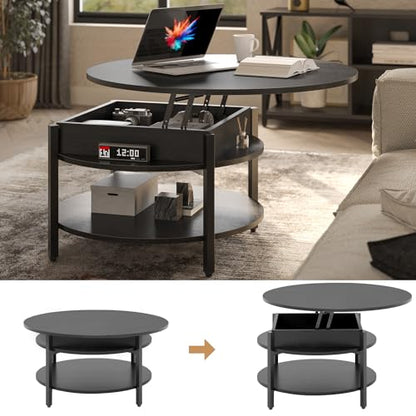 FABATO 26.77” Round Lift Top Coffee Table with Storage, Black | Farmhouse Coffee Table, 2 Tier Small Round Center Table, Center Table for Living Room, Circle Dining Table - color: Black