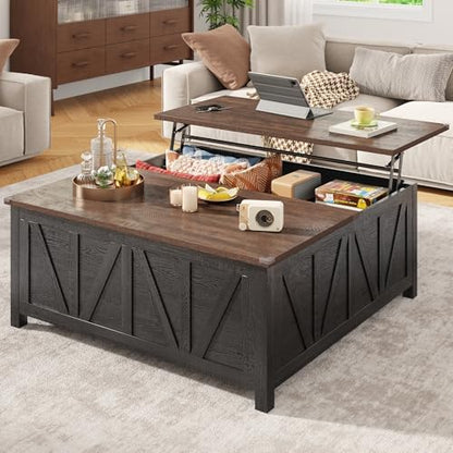 chartustriable 43.3“ Lift Top Coffee Table with Storage, Farmhouse Coffee Table with Large Hidden Storage Compartment and Shelves，Square Center Tables for Living Room, Tea Table Black - color: Black