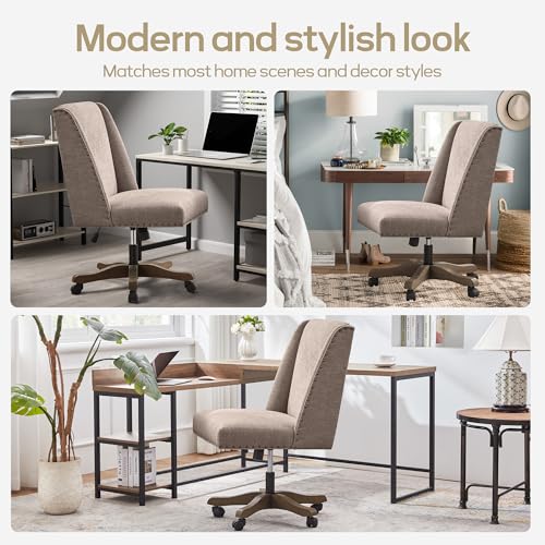Upholstered Armless Office Chair Fabric Swivel Home Desk Chair with Wheels | Modern Comfy Boho Office Chair with Wooden Legs Adjustable Desk Chair no Arms for Sewing Women Farmhouse Study Studio Brown - color: Brown