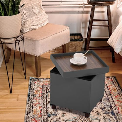 Dorriss Storage Ottoman, Ottoman with Storage for Living Room Ottoman Square Tray Bedroom Cube Foot Rest Stool With Legs Small Ottomans Coffee Table Lid Foldable Footstool Faxu Leather 15" Inch (Grey)