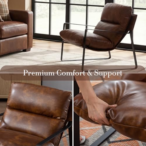 Set of 2 Brown PU Leather Accent Chairs, Modern Living Room Chairs | Comfy Armchairs, Upholstered Lounge Armchair, Removable Seat Cushion, Black Metal Frame, For Reading Room, Bedroom, Balcony - color: Brown-black Legs, size: 2PCS