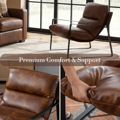Set of 2 Brown PU Leather Accent Chairs, Modern Living Room Chairs | Comfy Armchairs, Upholstered Lounge Armchair, Removable Seat Cushion, Black Metal Frame, For Reading Room, Bedroom, Balcony - color: Brown-black Legs, size: 2PCS