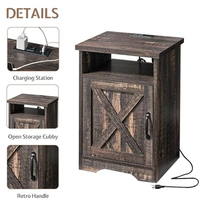 3 Piece Living Room Table Set with Barn Door, Black Oak | Includes Coffee Table and 2 End Tables, Charging Station &USB Ports, Rustic Farmhouse Style, Living Room Furniture Set - color: Black Oak