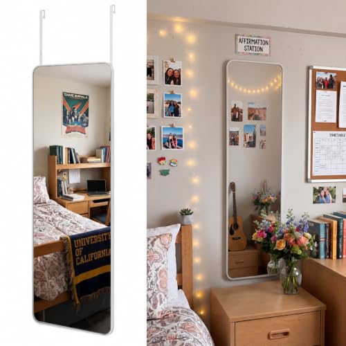 Thyle Over The Door Mirror 16x48'' Full Length Dorm White Mirror with Adjustable Hooks Wall Mounted for College School Classroom Affirmation Station Back Door Bedroom Entryway Long Body