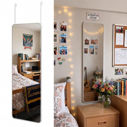 Thyle Over The Door Mirror 16x48'' Full Length Dorm White Mirror with Adjustable Hooks Wall Mounted for College School Classroom Affirmation Station Back Door Bedroom Entryway Long Body