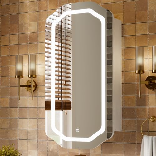 FUSUNBAO LED Medicine Cabinet Mirror for Bathroom, Wall Mounted or Recessed Unique Medicine Cabinet with Lights and Mirror,Stable & Removable 2 Shelves, Adjustable 3 Colors (White) - color: White, size: Polygon