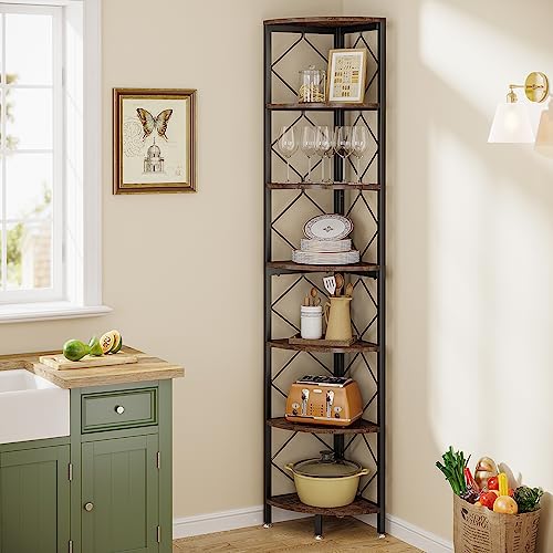 Tribesigns 7-Tier Corner Shelf, 78.7” Extra Tall Corner Bookcase, Industrial Slim Corner Bookshelf for Small Narrow Space, Wood Corner Shelf Stand Storage Rack for Living Room, Home Office - color: Rustic Brown
