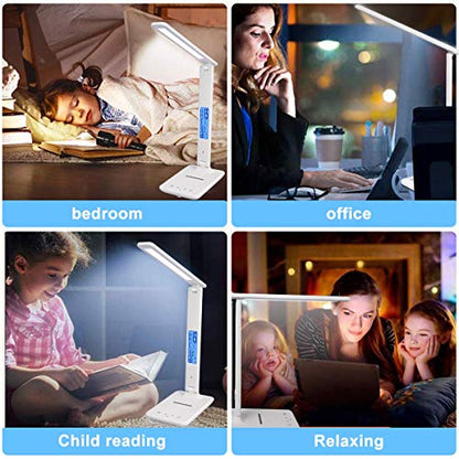 LED Desk Lamp with Wireless Charger, Suitable for Home, Office Dimmable, with USB Charging Port, Built-in Clock, Calendar, Thermometer and Automatic Timing Reading Desk Lamp. - color: White