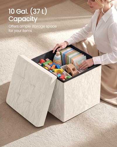 SONGMICS Storage Ottoman, Textured PU Leather Footstool, Foldable Footrest with Cushion, for Living Room and Bedroom, 15 x 15 x 15 Inch, White, Minota Collection ULSF522WD01 - color: White (Wthout Legs)