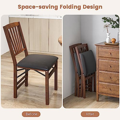 GIANTEX Folding Dining Chairs Set of 4, Foldable Wood Kitchen Chairs with Padded Seat, Solid Wood Frame, Max Load 400 Lbs, No Assembly Easy to Store Wooden Dining Chairs for Apartment, Small Space - color: Walnut-slat Back