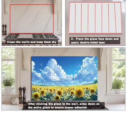 Evgosm Tempered Glass Backsplash for Kitchen， Stove Splashback, sunflower Glass Backsplash, Easy to Install and Clean, Used for Kitchen Wall Protection and Decoration. (30x24'') - size: 30"L x 24"W
