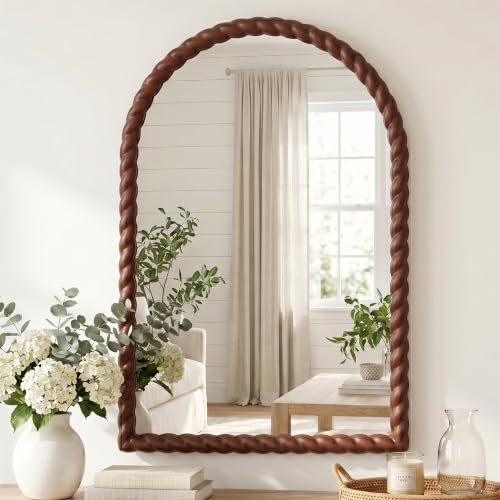 36"x24" Arched Solid Wood Farmhouse Decorative Wall Mirror | Walnut Braided Wood Frame Design and HD Tempered Glass, Perfect for Bathroom, Vanity, Entryways, Living Rooms - color: Walnut Color, size: 36"L x 24"W