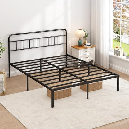 Queen Bed Frame with Classic Headboard, Black | Strong Metal Slats Support, Under Bed Storage Space, No Box Spring Needed, Easy to Assemble - size: Queen