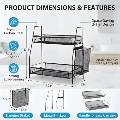 2-Tier Bathroom Countertop Organizer,Skincare, Makeup Countertop Organizers, Kitchen, Bathroom Counter Storage with Small Basket (Black) - color: Black (Size: 7" x 12" x 13", 2-Tier)