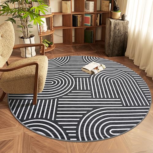 ROYHOME Modern 4ft Round Washable Rug for Living Room Soft Non Slip, Black | Abstract Area Rug for Bedroom, Rainbow Throw Rugs with Rubber Back, Low Pile Stain Resistant Geometric Carpet for Dining Room - color: Black, size: 4' (Round)