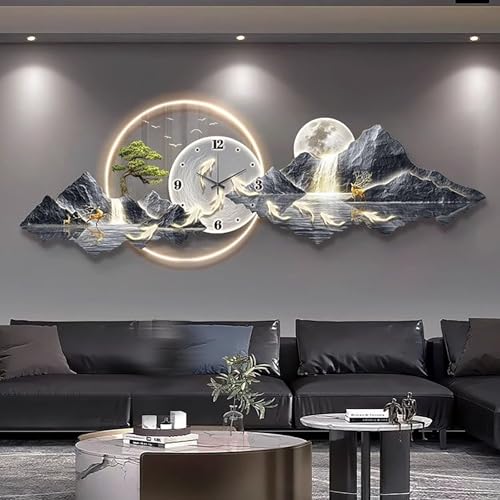 3D Wall Art Clock Decor with LED Light,Plug-in Power Illuminated Mountain Landscape Wall Decorative,Modern Wall Art for Bedroom, Living Room, Apartment, Office(B,35 * 100cm) - color: B, size: 35*100cm