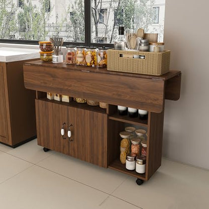 KEIKI 47 Inch Foldable Dining Table, Multi-Functional Folding Table with Storage Shelves and Wheels, Drop Leaf Extendable Dining Desk, Versatile Foldable Side Table for Kitchen, Dark Walnut - color: Drak Walnut