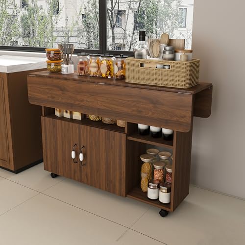 KEIKI 47 Inch Foldable Dining Table, Multi-Functional Folding Table with Storage Shelves and Wheels, Drop Leaf Extendable Dining Desk, Versatile Foldable Side Table for Kitchen, Dark Walnut - color: Drak Walnut