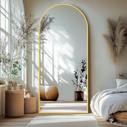 Arched Full Length Mirror with Stand, 75x35 Gold Floor Mirror | Aluminium alloy frame with HD float glass for distortion-free reflection. Free standing or wall mounted. - color: Gold Frame, size: 75"L x 35"W