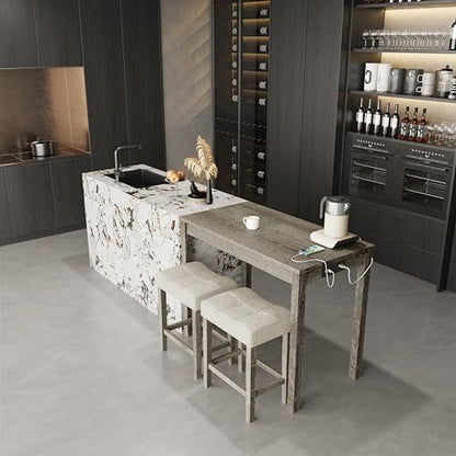 allamazing 3-Piece Counter Height Bar Table Set with Socket and 2 Fabric Padded Bar Stools, Tall Kitchen Breakfast Dining Table Set with Stools (1+2 Natural) - color: 1+2 Natural