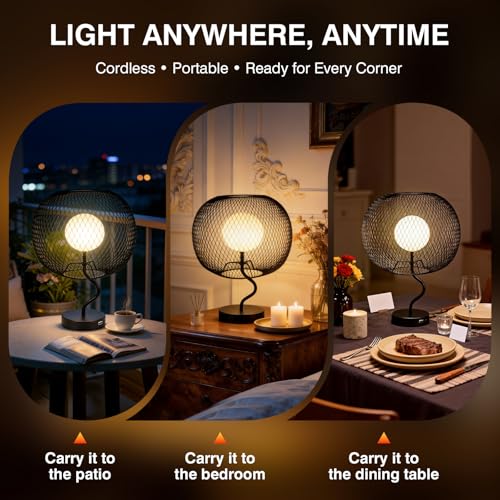 Cordless Industrial Table Lamp, Touch Dimmable Bedside Lamp with Black Metal Mesh Shade, USB-C Rechargeable Warm Ambient Light for Bedroom, Living Room, Dining Table, Side Table
