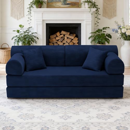 KEIKI 4-in-1 Folding Convertible Sofa Sleeper, 78" Oversized Loveseat Sleeper with Pull Out Bed, Corduroy Upholstered Boneless Apartment Size Couch for Living Room, Chaise Lounge Indoor, Blue - color: Blue