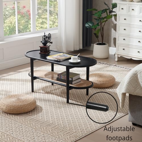 Modern Rattan Coffee Table,Black Wood Coffee Table with Storage Shelf for Living Room, 2-Tier Center Table 39.5 Oval Entryway Table Side Table Nightstand for Bedroom Office Small Space Cafe - color: Black