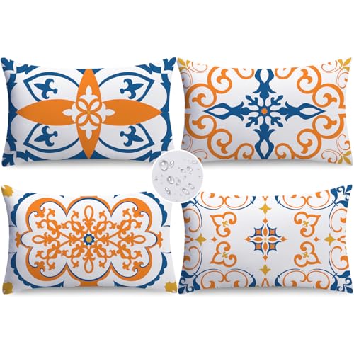 NIGHTWISH Outdoor Waterproof Pillow Covers 12x20 Set of 4 Yellow Boho Decorative Outdoor Throw Pillows Floral Cushion Cases for Patio Furniture Bench Couch Sunbrella - color: Yellow, size: 20" x 12" (Pack of 4)