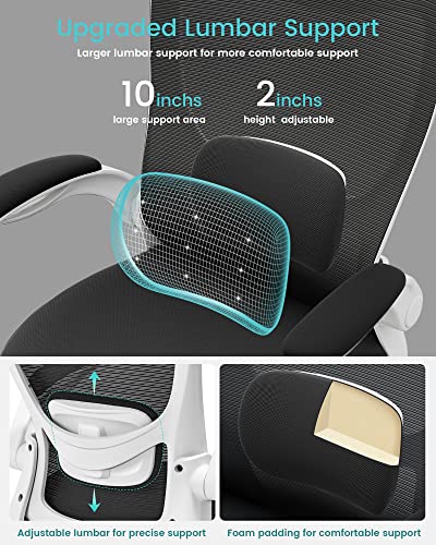Office Chair, Ergonomic Desk Chair with Adjustable Lumbar Support and Flip up Armrest, Breathable Mesh Computer Chair for Home Office, White - color: White