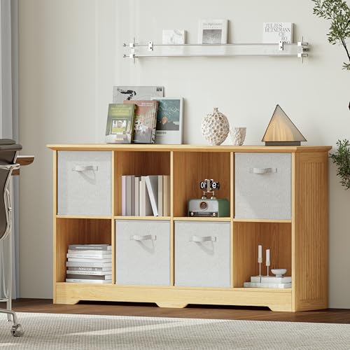 VORONOI 8 Cube Storage Organizer with 4 Fabric Drawers and Removable Shelves,Modular Cube Bookshelf for Bedroom,Living Room,or Home Office,Short Cube Bookcase for Toys,Decor,White - color: Natural Wood, size: 8-Cube