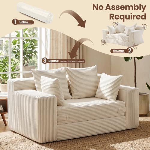 Boneless Mini Couch 53 Inch, 3 -in-1 Beige Boneless Couches Covertible Sofa Bed with 4 Pillows, Small Couches for Living Room, Bedroom, Small Space - color: Beige, size: 53 Inch