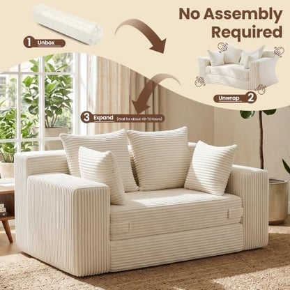 Boneless Mini Couch 53 Inch, 3 -in-1 Beige Boneless Couches Covertible Sofa Bed with 4 Pillows, Small Couches for Living Room, Bedroom, Small Space - color: Beige, size: 53 Inch