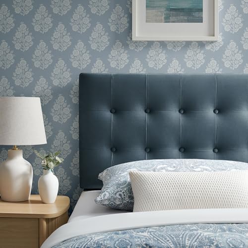 Modway Emily Twin Size Performance Velvet Headboard in Cadet Blue - Stain-Resistant Velvet Upholstery with Button Tufting and 7 Adjustable Height Positions - color: Cadet Blue, size: Twin