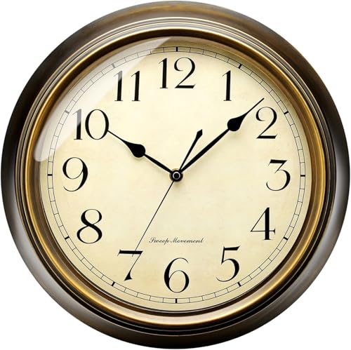 Plumeet Metal Wall Clock, 13'' Non Ticking Classic Silent Iron Wall Clocks Decorative Kitchen Living Room Bedroom, Arabic Numerals, Battery Operated (13'', Brown) - color: Brown, size: 13''