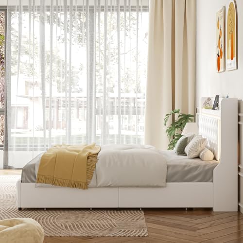 Queen Bed Frame with LED Lights & Charging Station, Upholstered Bed Frame Queen Size with Storage Headboard & 2 Drawers, Diamond Tufted, Curved Wingback, PU Leather, No Box Spring Needed, White - color: White, size: Queen