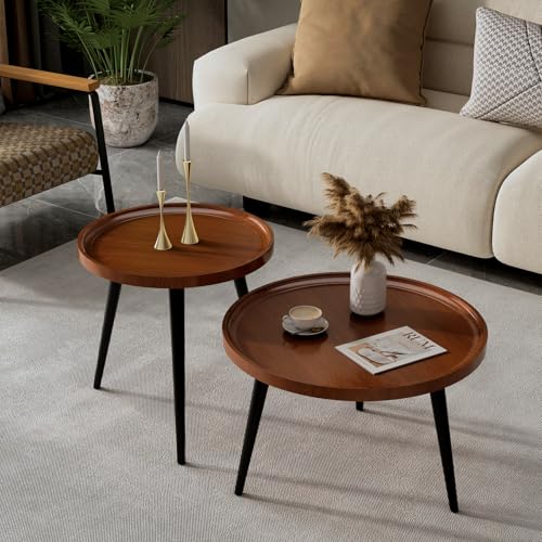 2-Piece Walnut Coffee Table,Durable Mid Century Small Round Coffee Tables for Living Room,Easy Assembly Modern Nesting Coffee Tables Set,Circle Side Tables for Sofa Bedside Balcony - color: Walnut