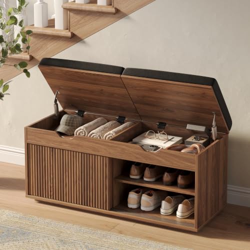 Maupvit 39.4" Fluted Shoe Storage Bench with Lift Top Storage, Entryway Bench with Cushioned Seat, 2-Tier Shoe Cabinet with Sliding Door and Adjustable Shelf for Bedroom, Living Room, Walnut