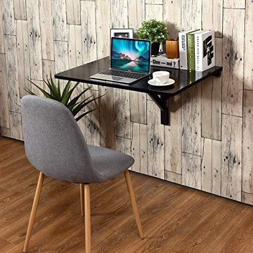 Wall Mounted Folding Table, 31.5’’ x 23.5’’ Wood Floating Desk for Laptop, Study & Dining in Balcony, Bedroom, Bathroom, Kitchen, Drop-Leaf Wall Desk Fold Down for Small Spaces (Black)