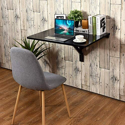 Wall Mounted Folding Table, 31.5’’ x 23.5’’ Wood Floating Desk for Laptop, Study & Dining in Balcony, Bedroom, Bathroom, Kitchen, Drop-Leaf Wall Desk Fold Down for Small Spaces (Black)