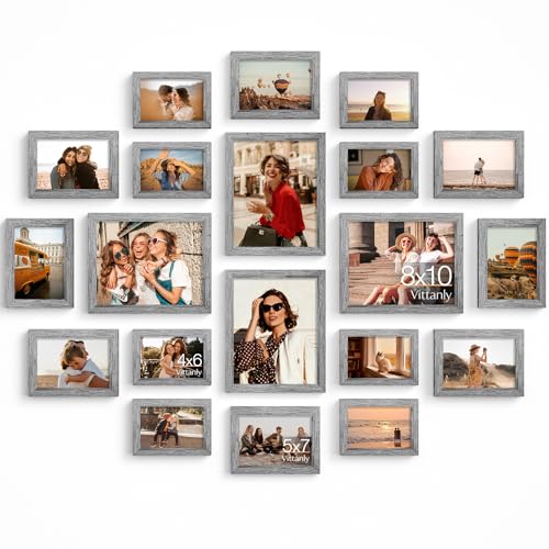 Vittanly 20 Pack Picture Frames Collage Wall Decor, Grey | Gallery Wall Frame Set for Wall or Tabletop Display, Multi Sizes Picture Frame Set: 4pcs 8x10, 8pcs 5x7, 8pcs 4x6, MDF Wood - color: Grey