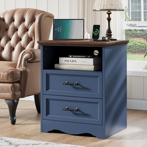 Farmhouse Nightstand with Charging Station, Blue Wood Bedside Table & End Table with 2 Drawers and Unique Base Design, Side Table Storage Cabinet with Metal Handles for Bedroom, Living Room - color: Blue, size: 1 Piece