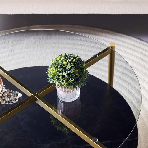 LumFurn Round Coffee Table for Living Room, Mid-Century Modern Design, D30 x H17, 2-Tier Structure, Grey Glass Top and Black Marble Finish Wood Shelf, Sleek Conical Metal Legs with Gold Finish Frame - color: D30" Grey & Black Marble